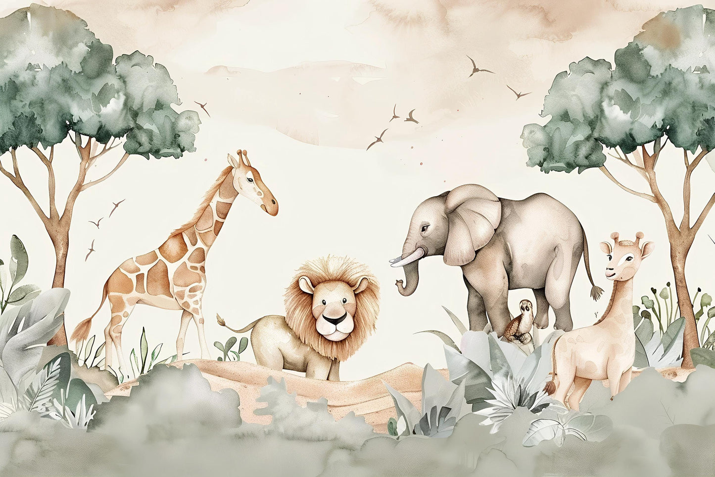 Safari Nursery Wall Mural | Jungle Animal Wallpaper Kids Room Vn1038