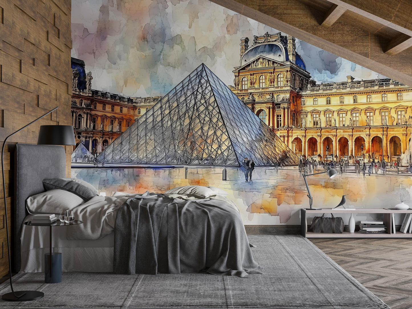 Louvre Pyramid Wall Mural – Paris Watercolor Museum Wallpaper Vn935