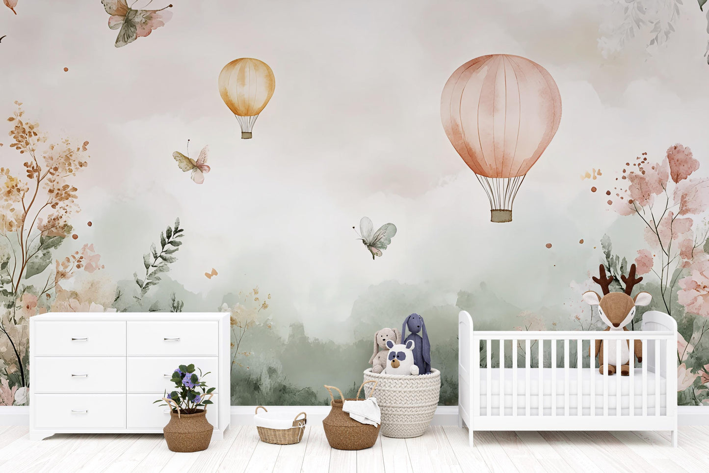 Hot Air Balloon Nursery Wall Mural – Boho Baby Room Wallpaper – Soft Pastel Floral and Butterfly Nature Theme Vn556