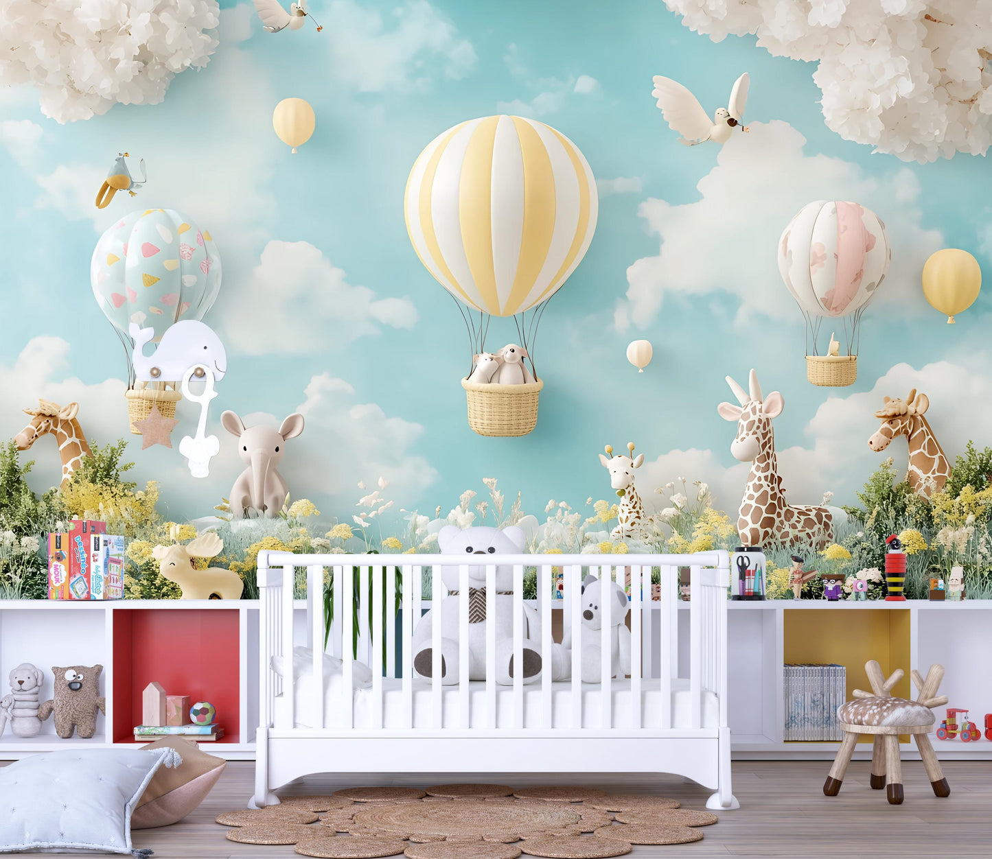 Hot Air Balloon Nursery Wall Mural – Animal Baby Room Wallpaper – Gender Neutral Kids Decor – Safari Theme Sky Wall Art Vn375
