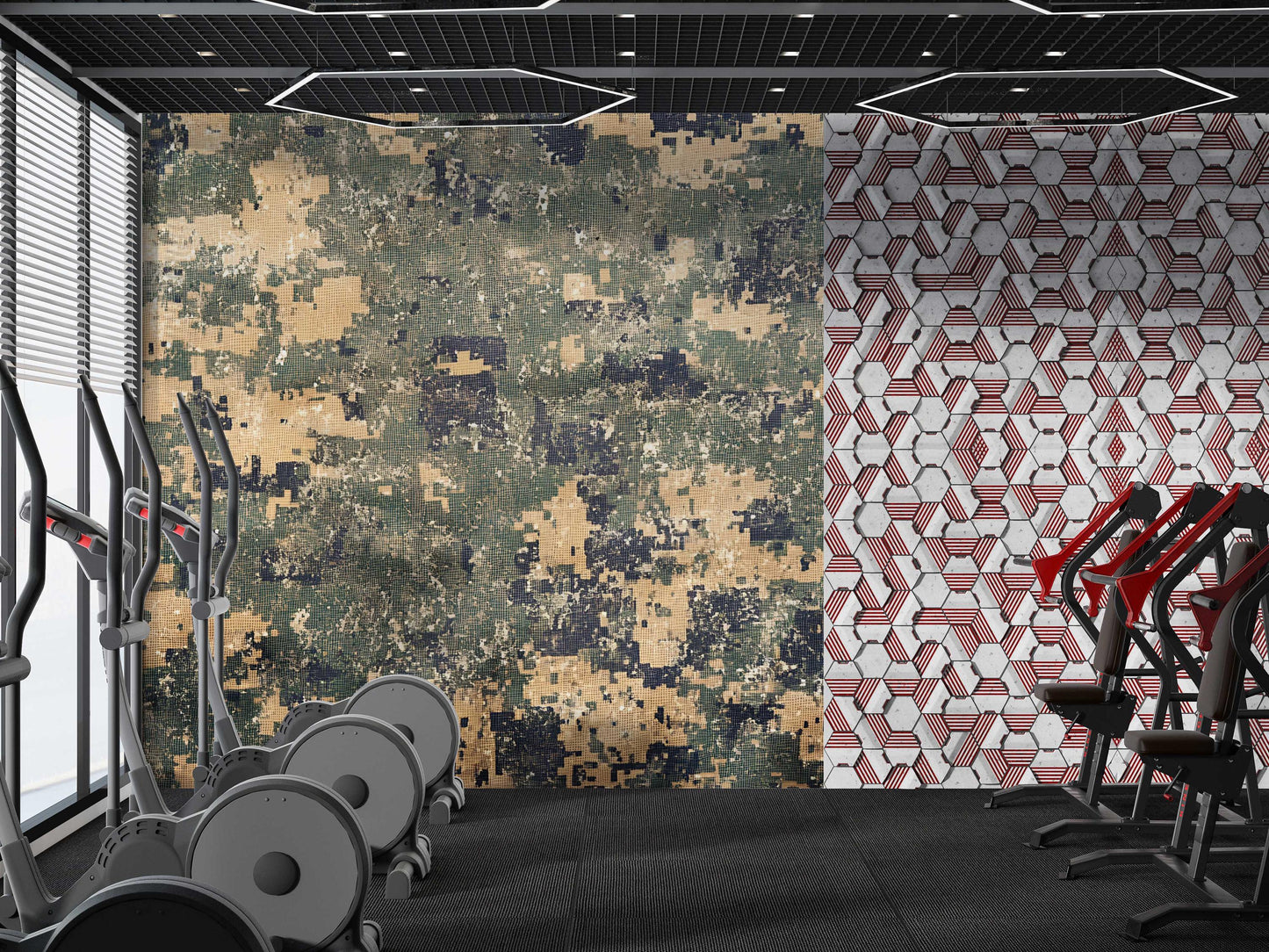 Modern Gym Wall Mural – Digital Camo & Geometric Pattern Wallpaper – Bold Fitness Decor for Home or Commercial Gym Vn457