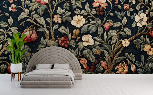 Vintage Dark Floral Tapestry Wall Mural – Moody Botanical Wallpaper, Elegant Accent Wall for Bedroom or Living Room Vn842
