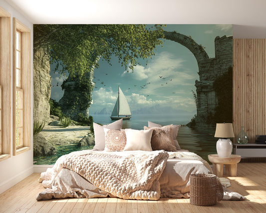 Ocean View Wall Mural – Sailboat & Ancient Arch Scenic Wallpaper – Serene Bedroom Decor Vn565