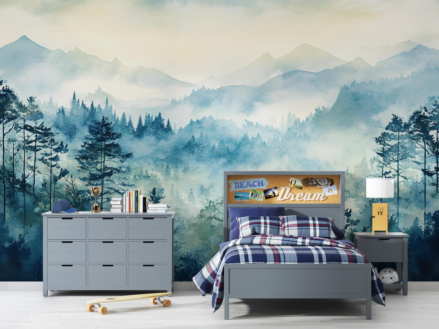 Misty Blue Pine Forest Wallpaper – Watercolor Mountain Wall Mural for Bedroom & Living Room Vn1016