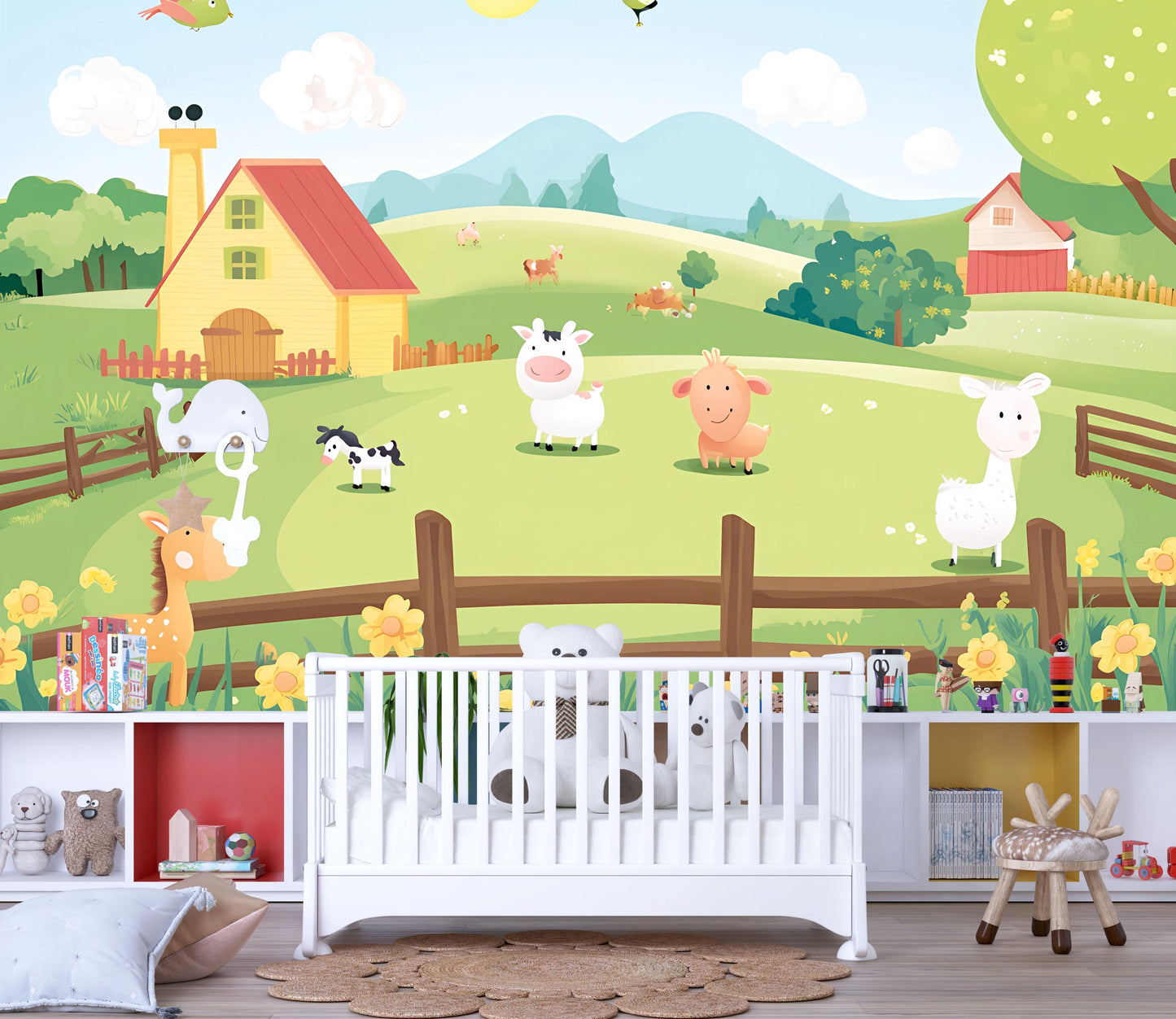 Farm Animal Wall Mural for Kids Room, Cartoon Pasture Wallpaper, Nursery Farm Decor, Cute Barnyard Wall Art Vn626