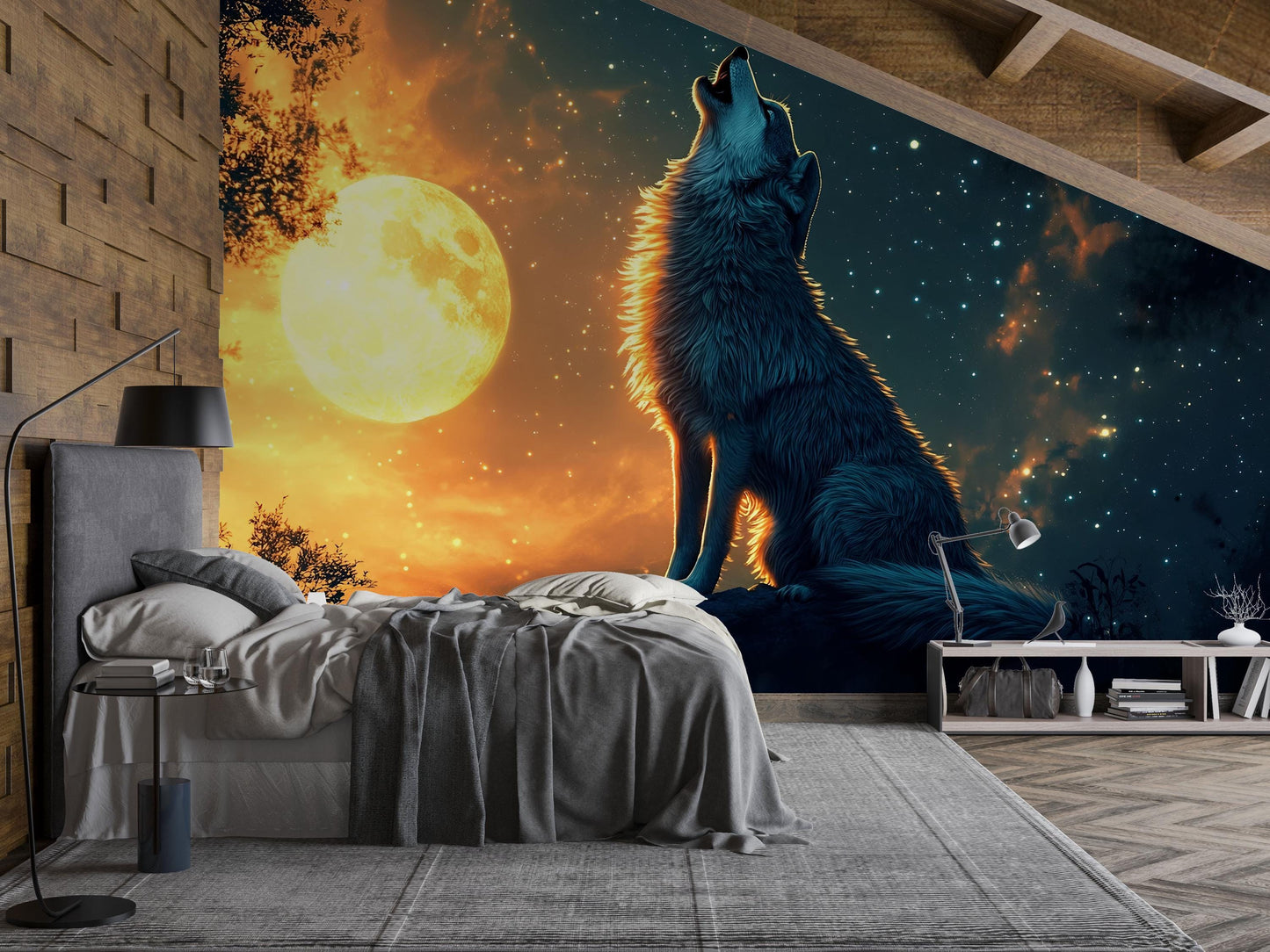 Howling Wolf Moon Wall Mural – Starry Night Forest Wallpaper – Large Animal Nature Art Print for Living Room or Bedroom Decor Vn600