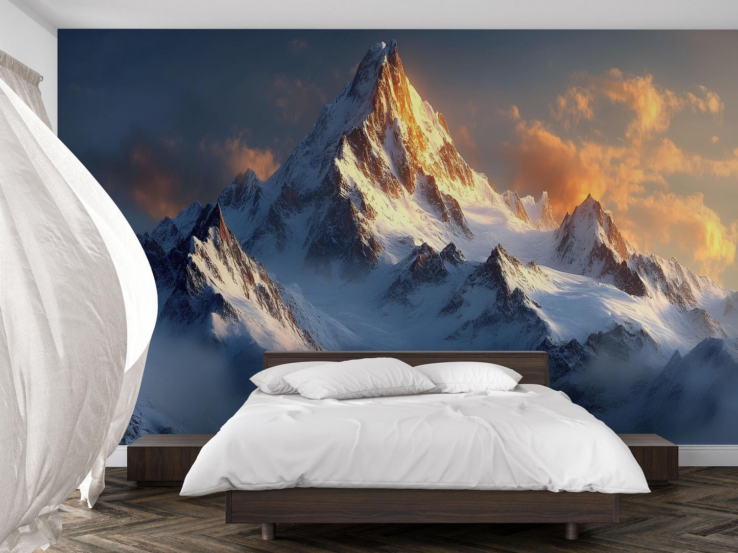 Mountain Wall Mural – Snowy Peak Sunset Landscape for Bedroom Decor Vn702