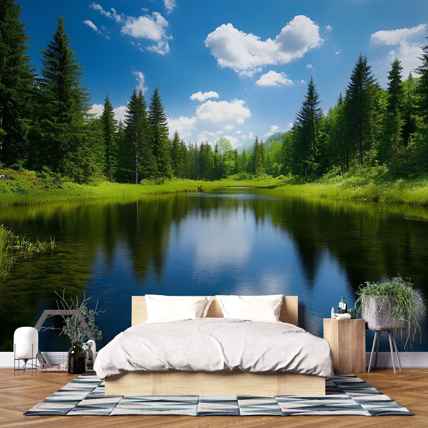 Tranquil Forest Lake Wall Mural – Nature Bedroom Wallpaper, Scenic Lake View Mural for Tranquil Interior Decor Vn685