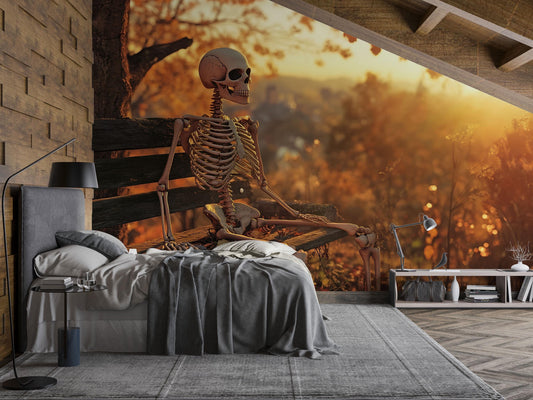 Autumn Skeleton Bedroom Wall Mural – Cozy Fall & Halloween Décor Vn799