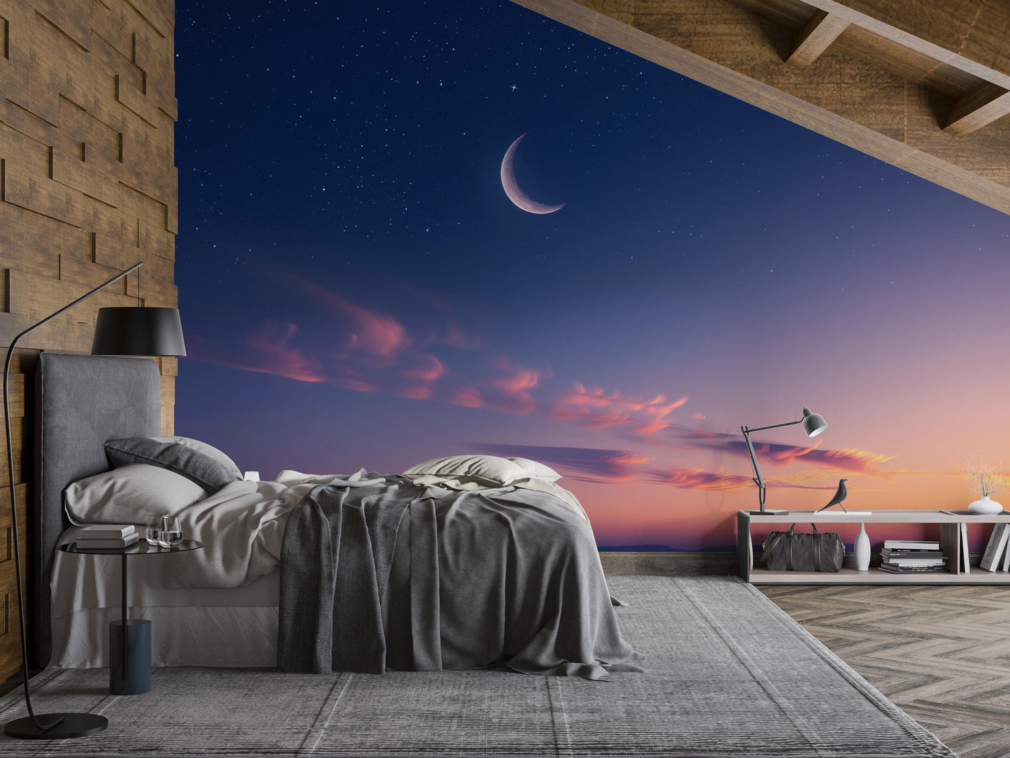 Crescent Moon Wall Mural – Starry Night Sky & Sunset Wallpaper, Celestial Accent Wall Decor for Bedroom, Nursery or Meditation Room Vn1080