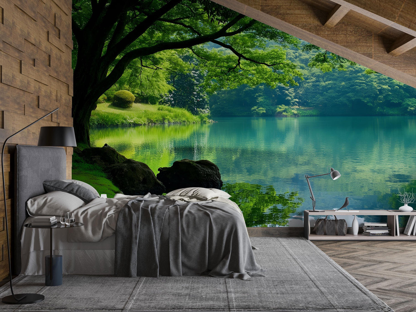 Tranquil Forest Lake Wall Mural – Nature Scenic Wallpaper for Bedroom or Living Room Décor Vn684