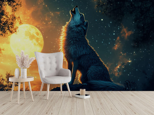 Howling Wolf Moon Wall Mural – Starry Night Forest Wallpaper – Large Animal Nature Art Print for Living Room or Bedroom Decor Vn600