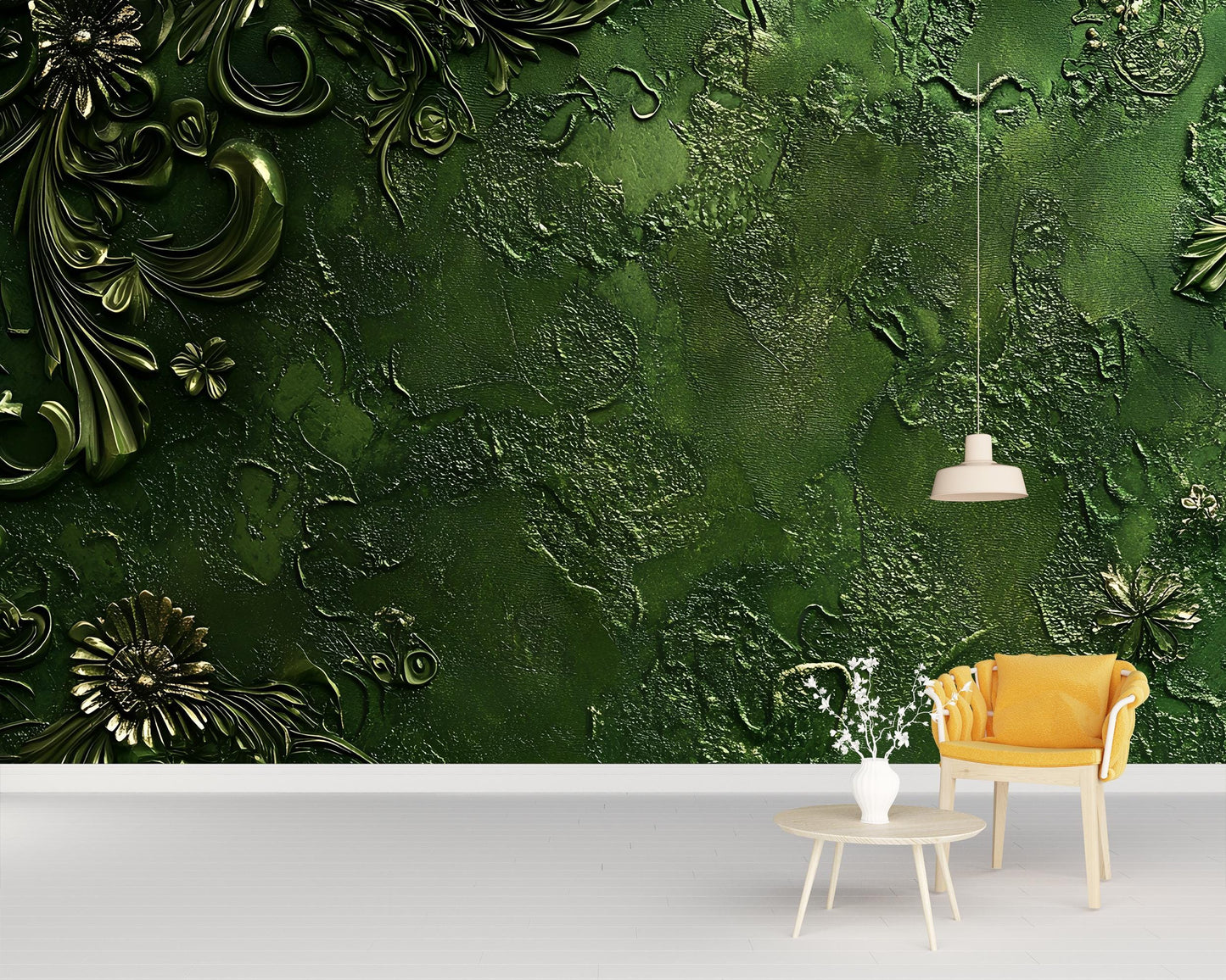 Emerald Green Textured Floral Wall Mural – 3D Luxury Botanical Accent Wallpaper for Living Room or Office Décor Vn582