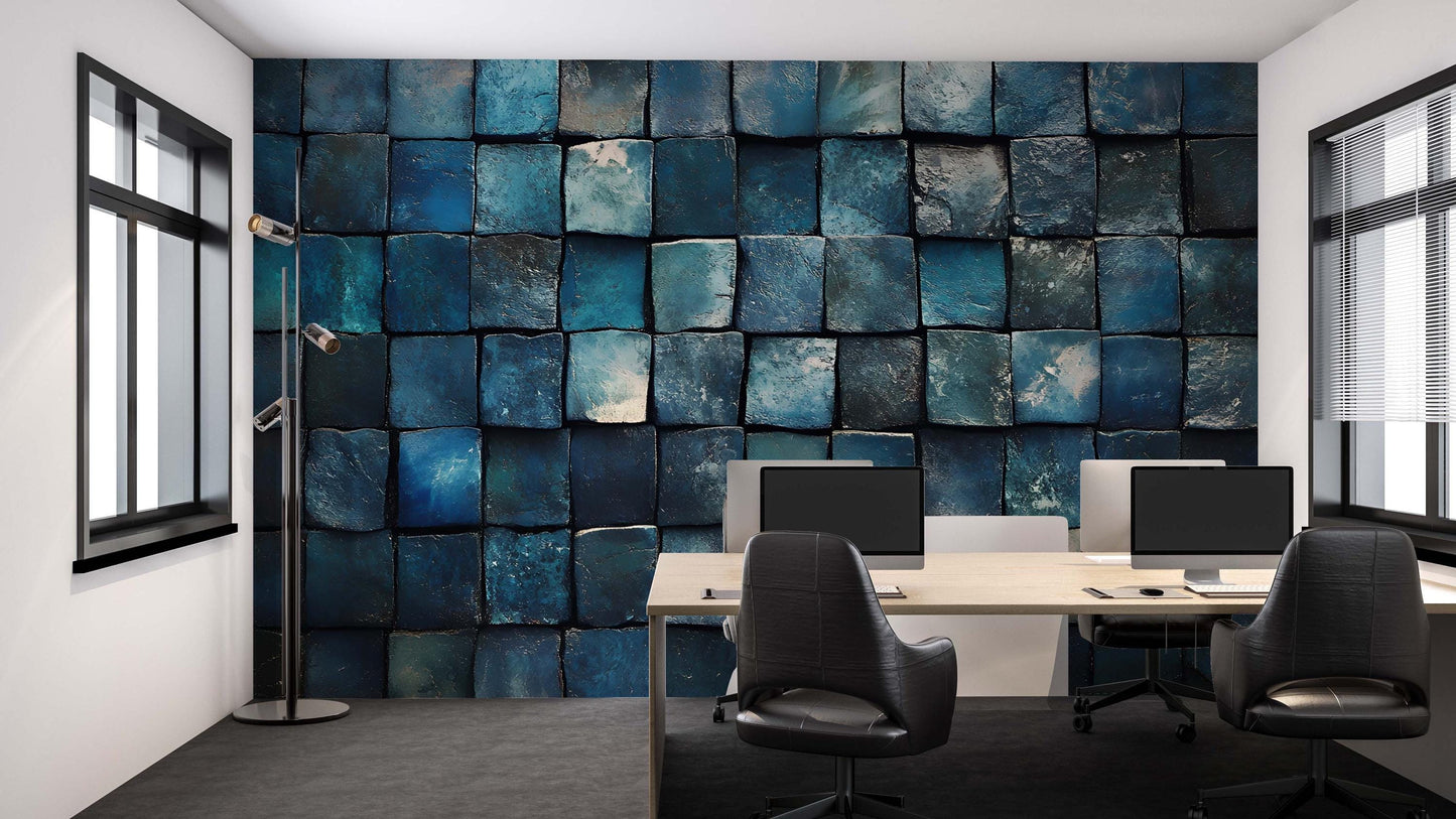 Modern Office Wall Art – Blue Abstract Tile Pattern Mural for Workspace Decor Vn745