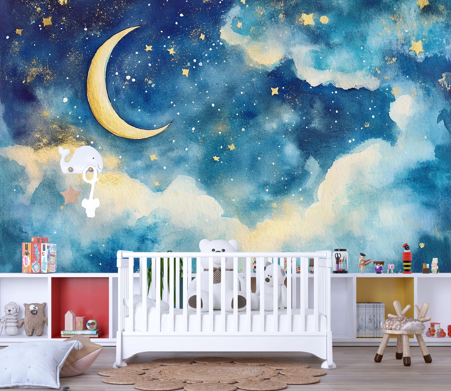 Crescent Moon Wall Mural – Starry Sky Nursery Wallpaper, Dreamy Cloud Accent Wall for Kids Room or Baby Nursery Vn855