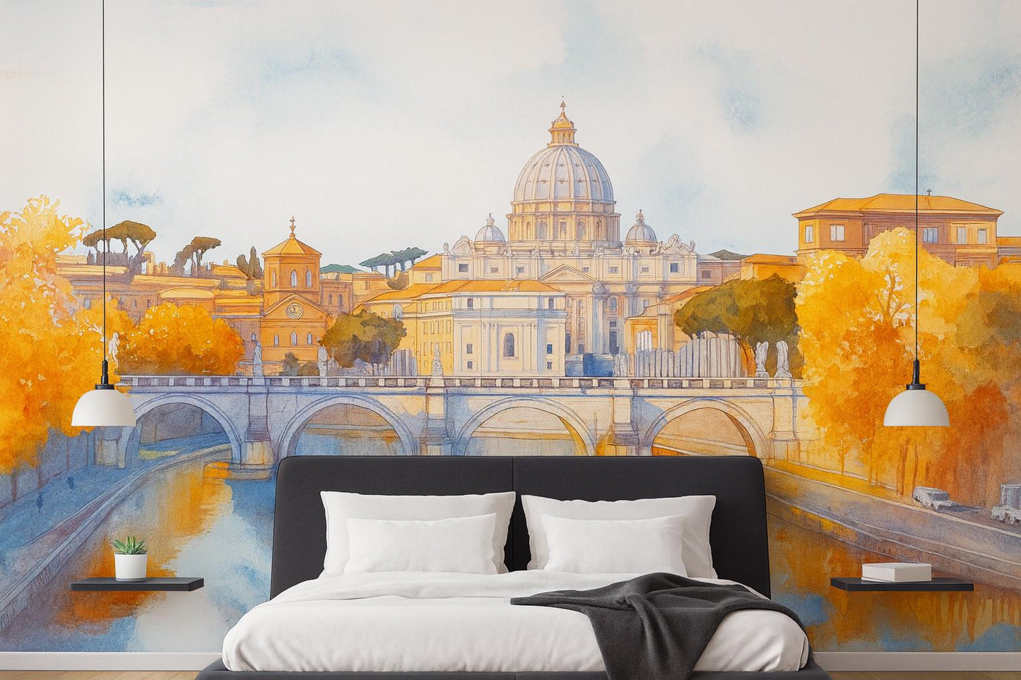 Rome St. Peter’s Basilica Wall Mural – Watercolor Vatican Bridge & River Wallpaper Vn924