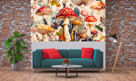 Whimsical Mushroom Wall Art | Colorful Fungi Nature Tapestry | Boho Cottagecore Mushroom Decor | Vibrant Botanical Mural Print Vn216