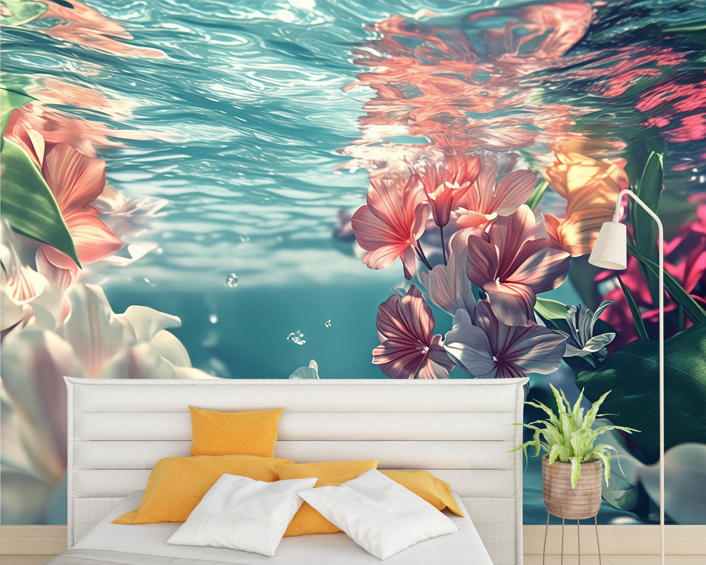 Underwater Floral Wall Mural – Tropical Ocean Flowers Wallpaper, Water-Themed Bedroom Decor, Large Removable Wall Art Vn576