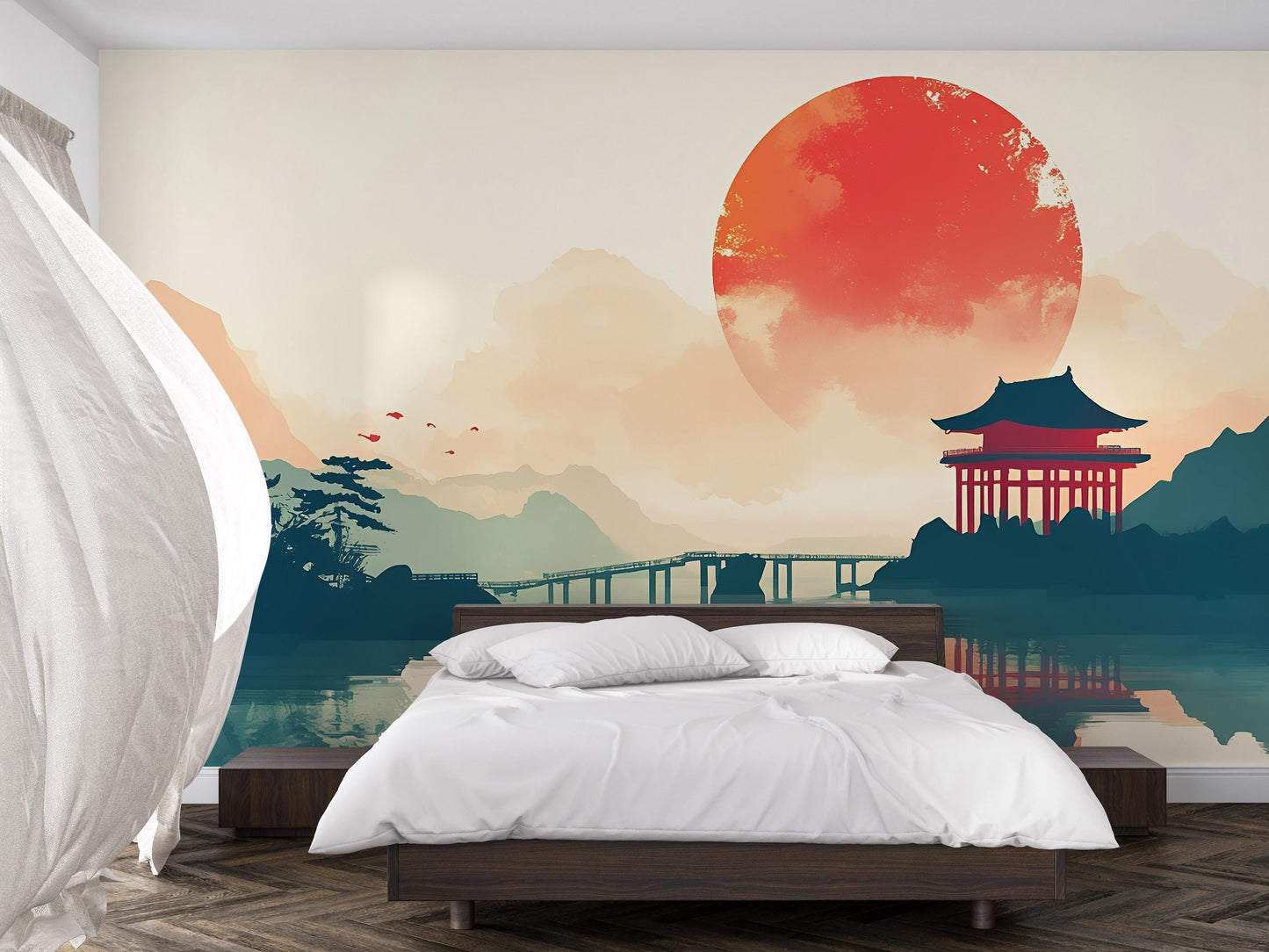 Japanese Sunset Wall Mural – Serene Oriental Landscape, Pagoda Art, Minimalist Zen Decor for Bedroom or Living Room Vn497