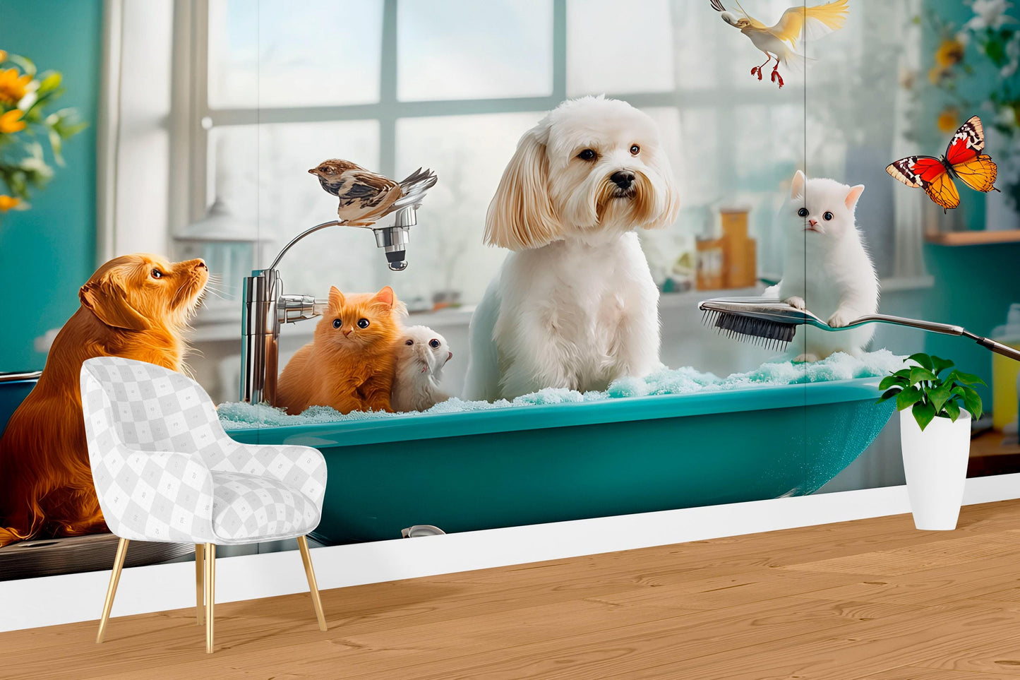 Whimsical Animal Bathtime Wall Mural – Cute Pets in Tub Scene Vn674