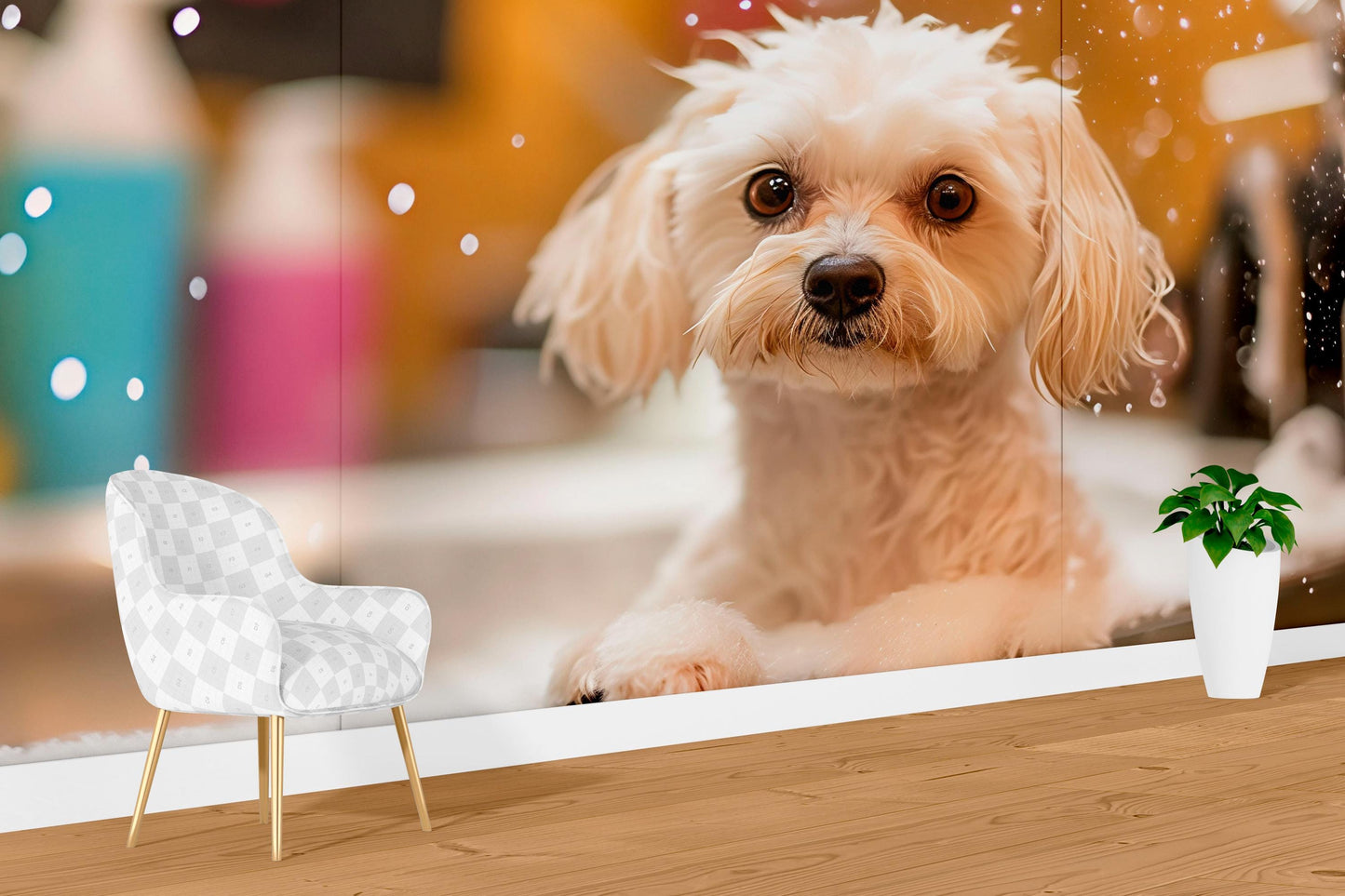 Cute Dog Wall Mural for Pet Lovers – White Puppy Bath Scene Wallpaper – Large Pet Decor for Living Room or Grooming Studio Vn665