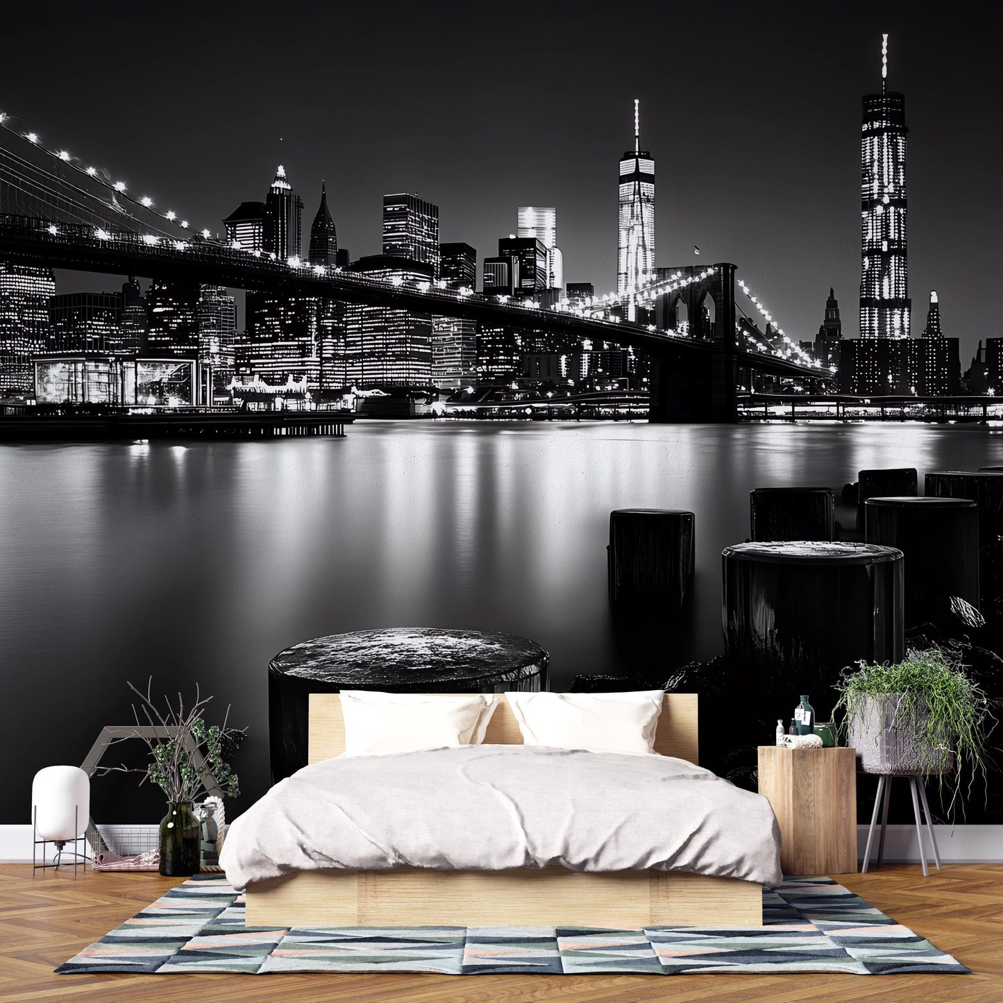 NYC Skyline Wall Mural | Black and White Cityscape Wallpaper | Modern Urban Bedroom Decor | Brooklyn Bridge Night Scene Vn369