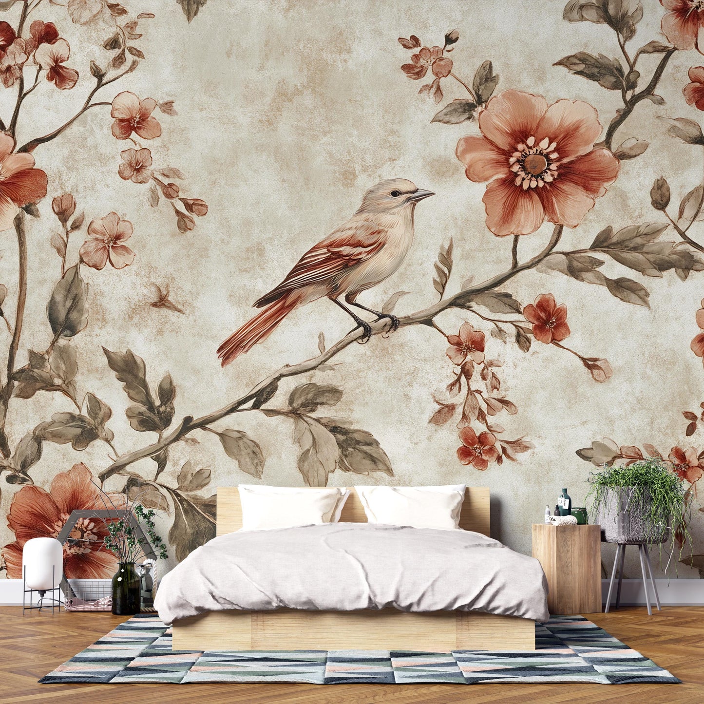 Vintage Bird Mural – Rustic Floral Botanical Wallpaper Wall Art Vn1000