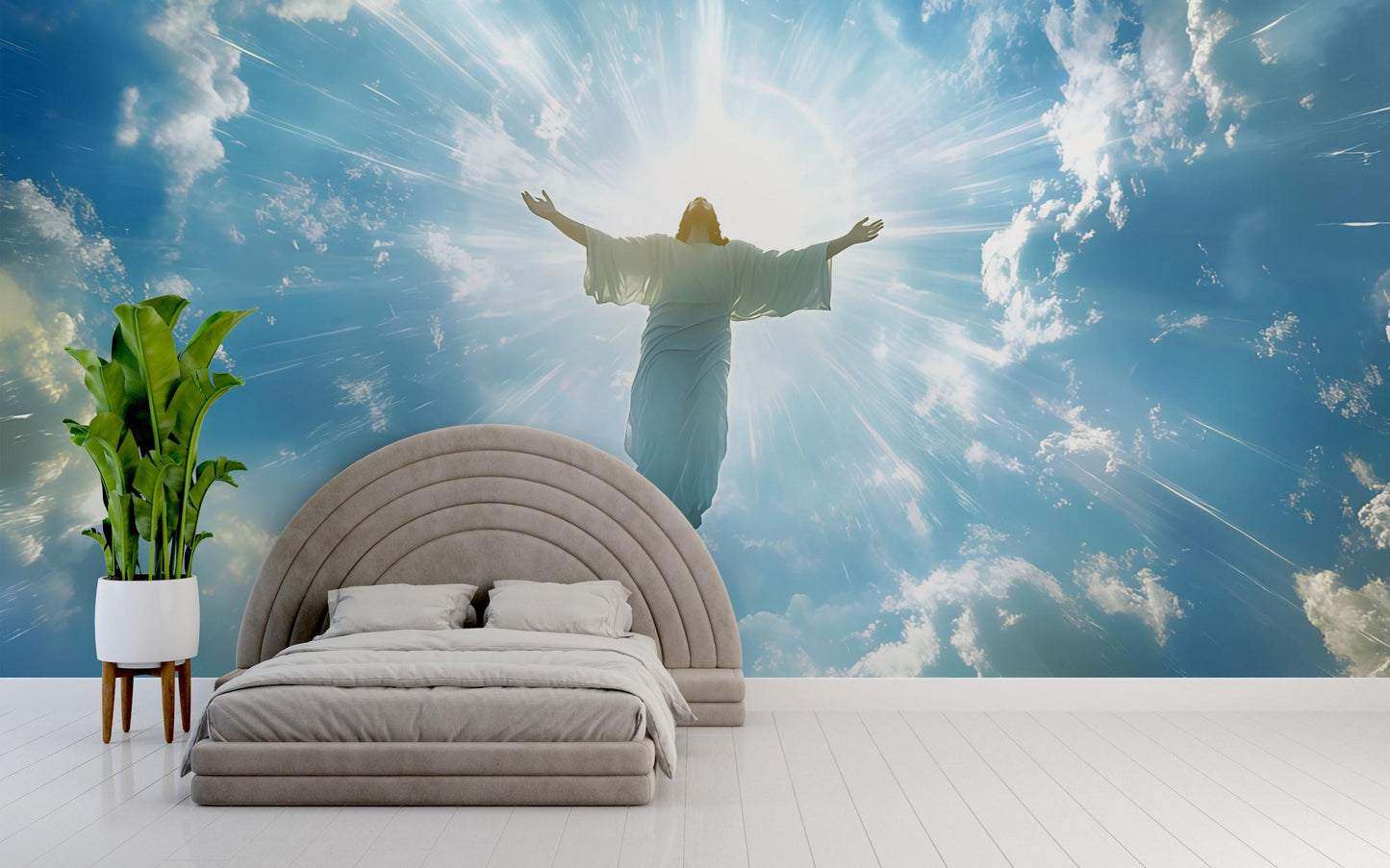 Heavenly Jesus Wall Mural | Christian Spiritual Bedroom Art | Religious Sky Clouds Wallpaper | Inspiring Faith Room Decor Vn613