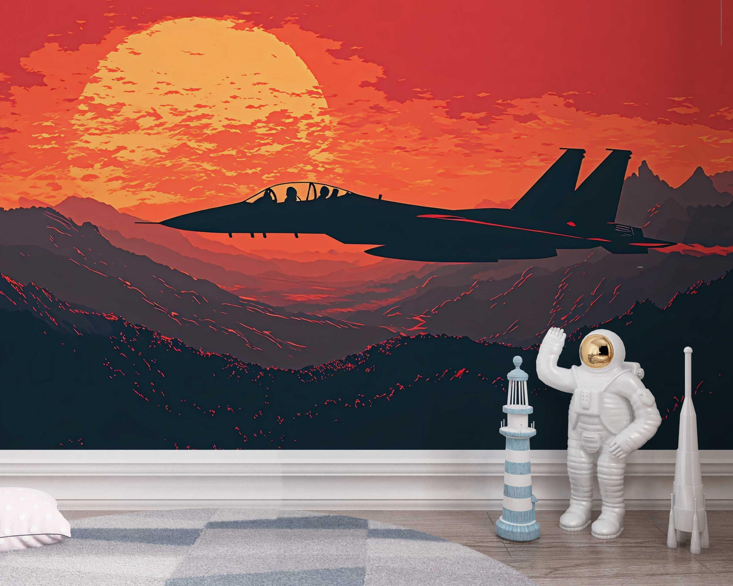 Jet Fighter Sunset Wall Mural – Retro Military Aircraft Wall Art – Bold Aviation Decor for Boys Room, Office or Pilot Gift Vn451