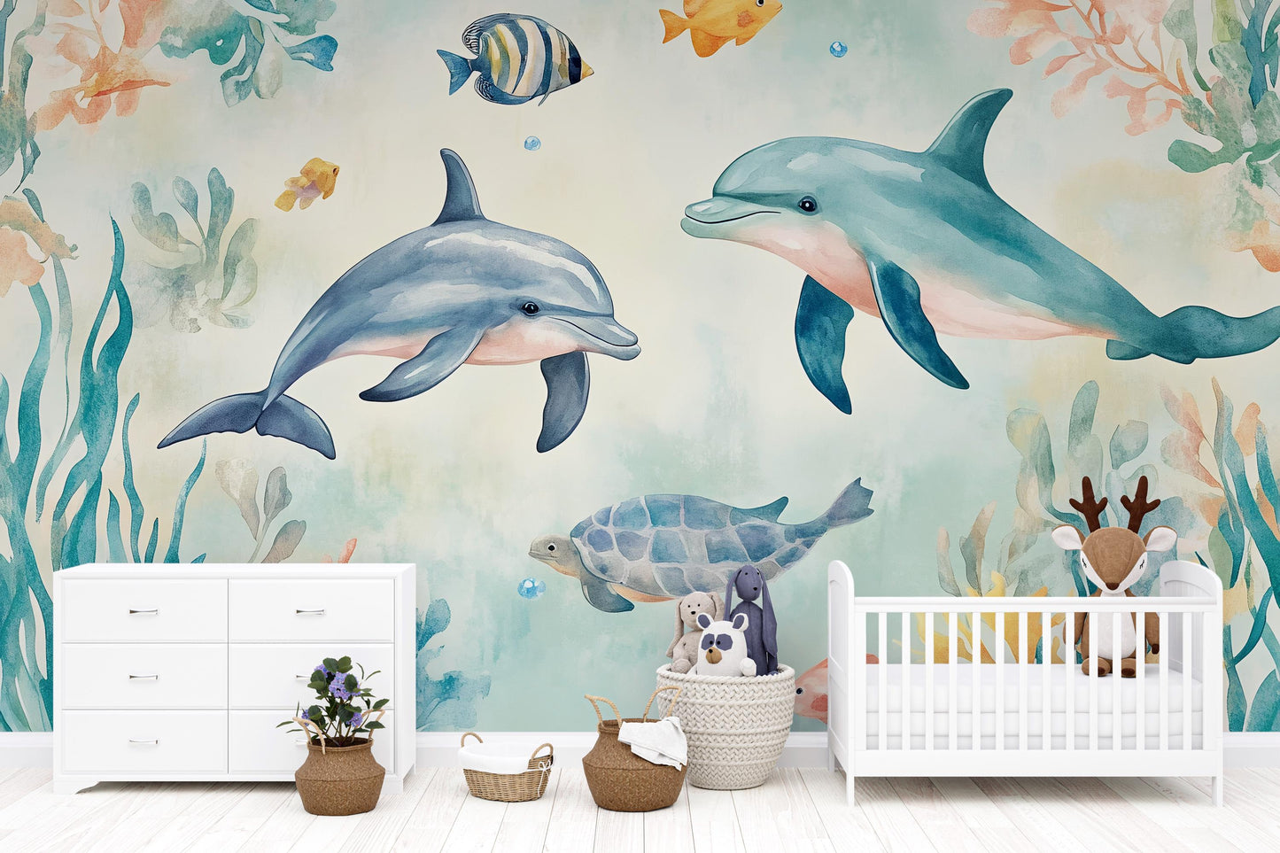 Dolphin Wall Mural – Underwater Ocean Nursery Wallpaper with Sea Turtle & Fish Vn988