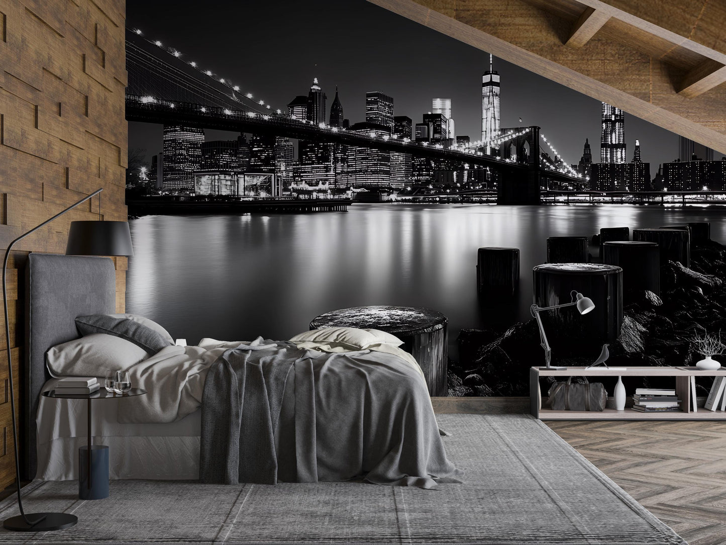 NYC Skyline Wall Mural | Black and White Cityscape Wallpaper | Modern Urban Bedroom Decor | Brooklyn Bridge Night Scene Vn369