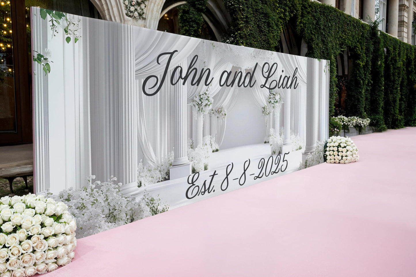 Custom Wedding Welcome Sign | Personalized Elegant White Floral Sign | Couple Name & Date | Wedding Decor Vn509