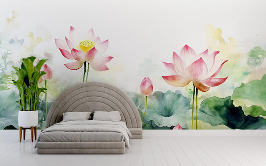 Watercolor Lotus Wall Mural – Large Floral Peel & Stick Wallpaper for Bedroom Décor, Boho Botanical Lotus Flower Accent Wall Art Vn348
