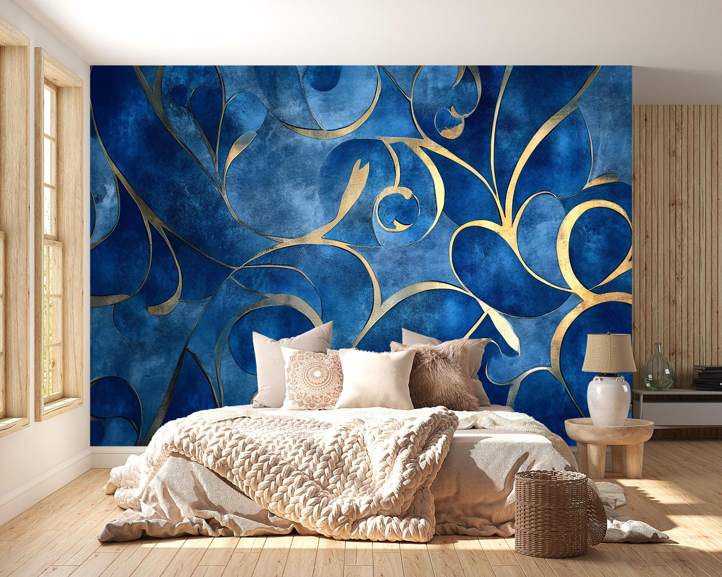 Luxury Blue and Gold Abstract Wall Mural – Modern Elegant Bedroom Feature Wallpaper Vn772