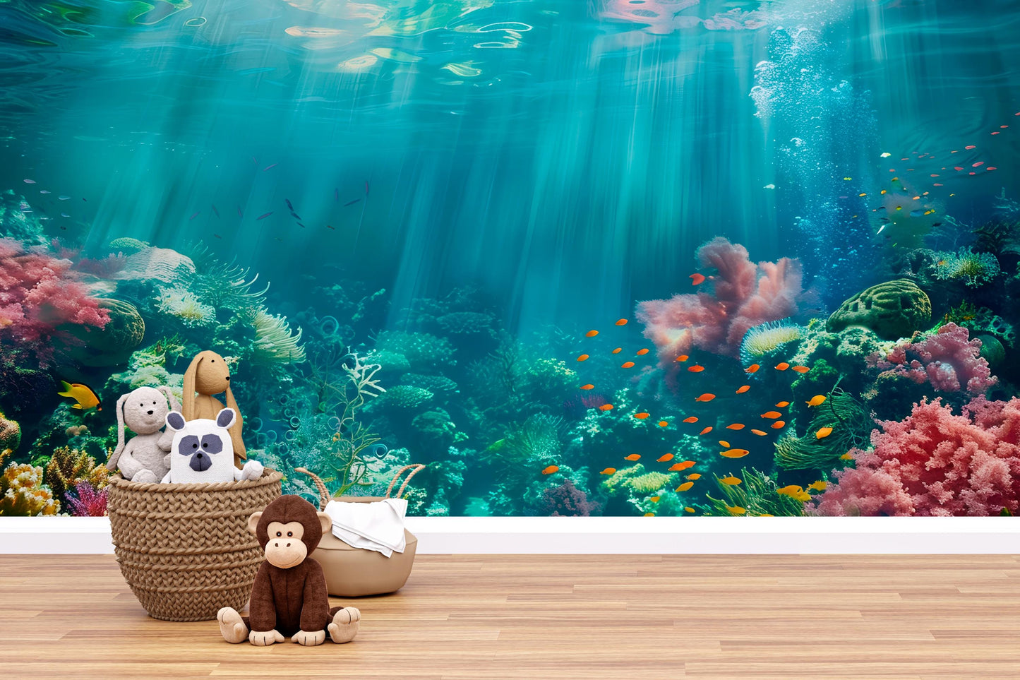 Underwater Coral Reef Wall Mural – Ocean Sea Life Wallpaper, Kids Room Marine Accent Wall Decor with Fish & Coral Vn1066