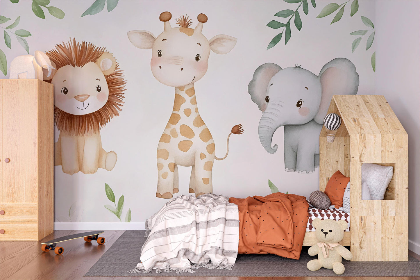 Safari Animal Nursery Mural – Lion Giraffe Elephant Jungle Wallpaper Vn992