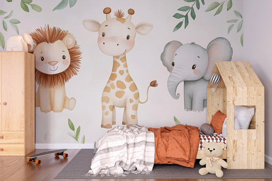 Safari Animal Nursery Mural – Lion Giraffe Elephant Jungle Wallpaper Vn992