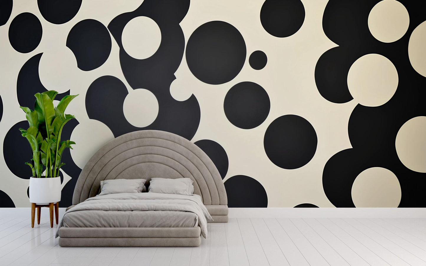 Black & Beige Circle Wall Mural – Modern Geometric Dot Pattern Wallpaper Vn839