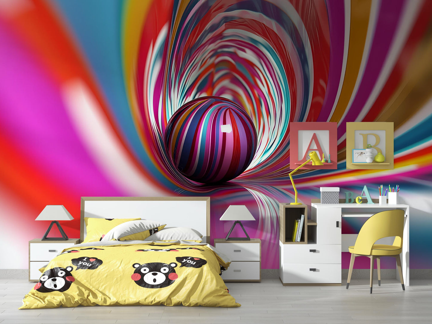 Colorful 3D Tunnel Wall Mural – Rainbow Striped Sphere Wallpaper Vn911