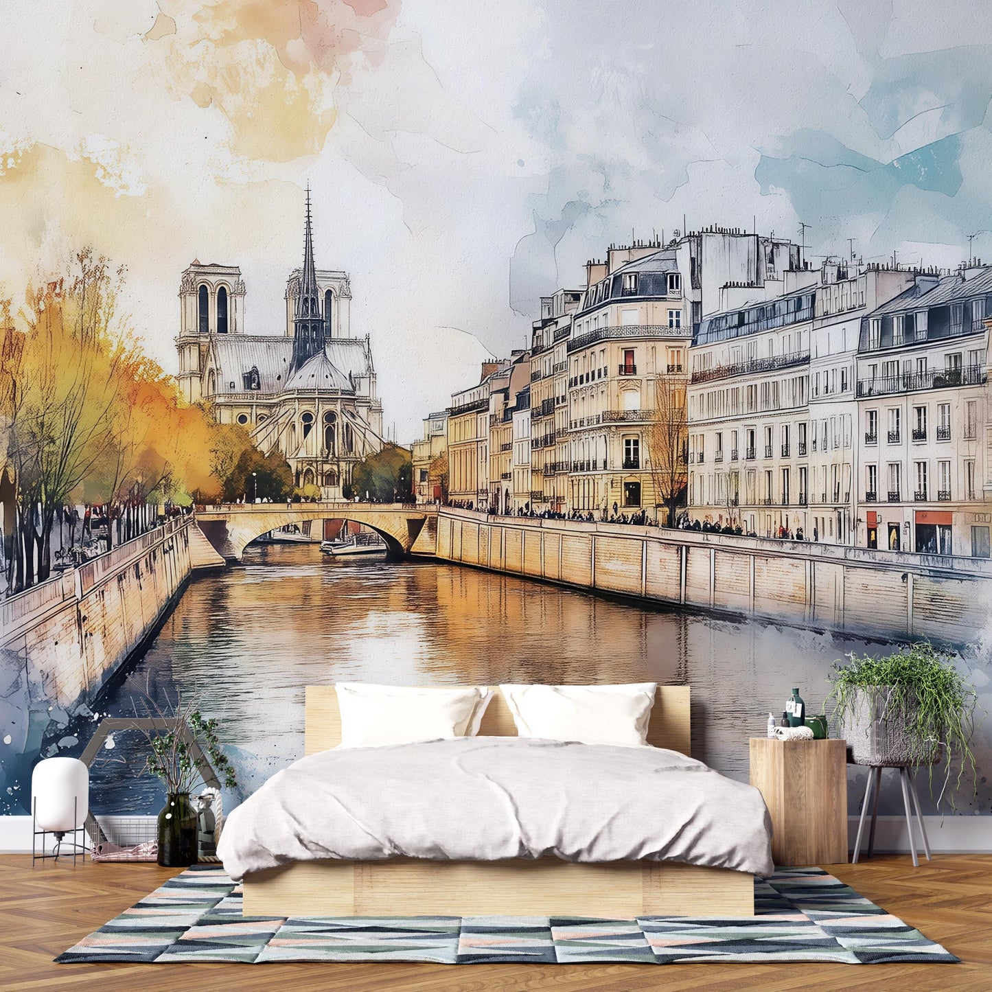 Notre Dame Wall Mural – Paris Watercolor Cityscape Wallpaper Vn929