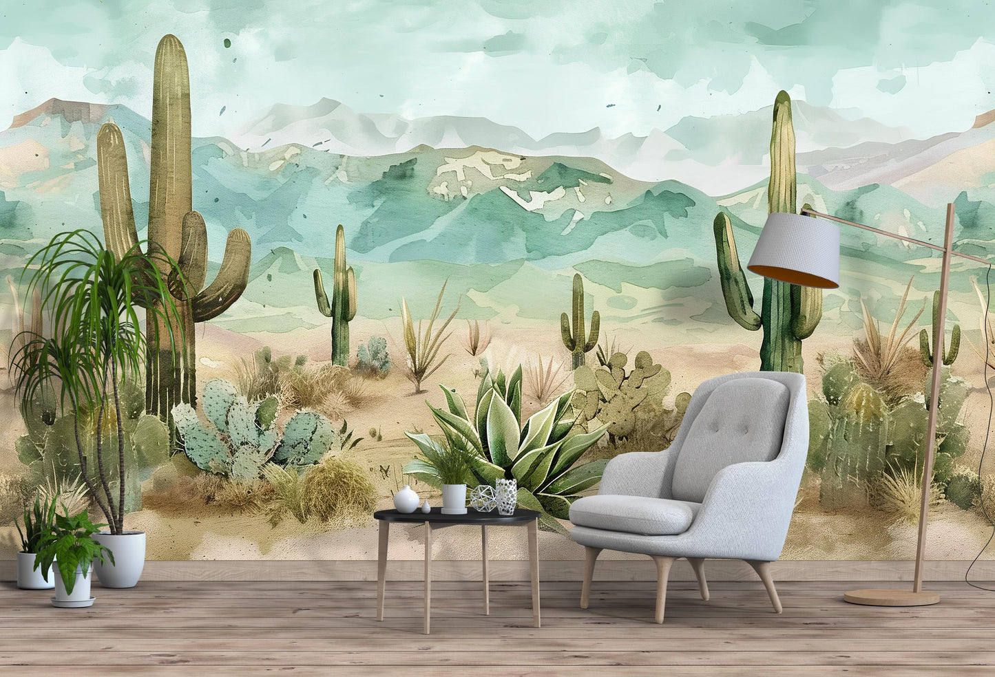 Watercolor Desert Cactus Wall Mural – Southwest Landscape Wallpaper with Mountains Vn1010