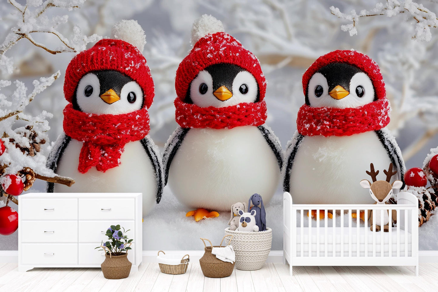 Winter Penguin Nursery Wall Art – Cute Snowy Penguins in Red Hats – Holiday Baby Room Decor – Arctic Animal Print – Christmas Theme Vn529