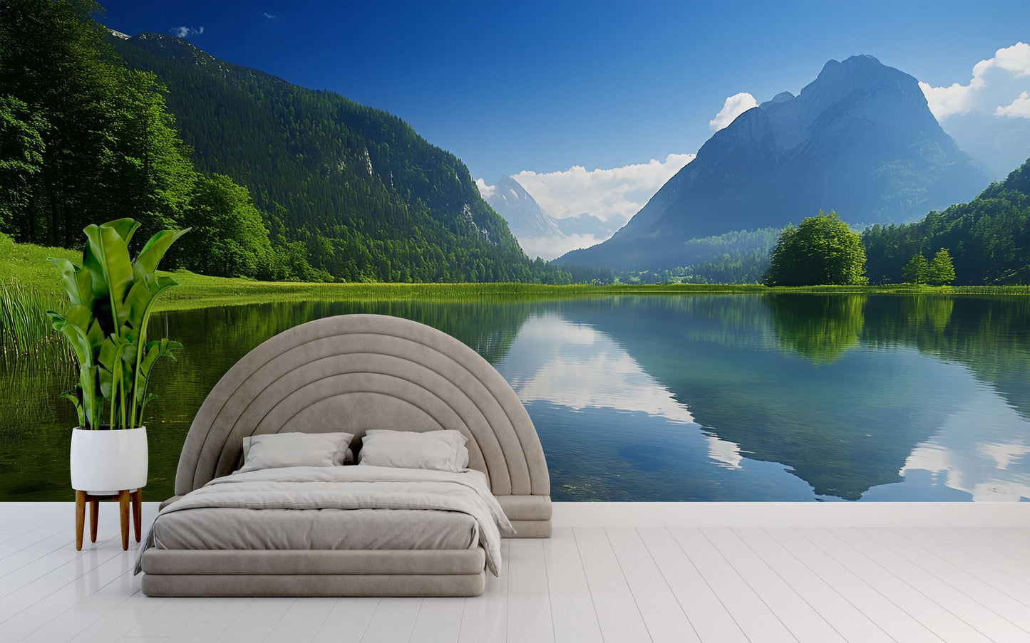Mountain Lake Wall Mural - Scenic Nature Bedroom Wallpaper - Tranquil Forest Lake View Decor - Removable Peel and Stick Mural Vn688