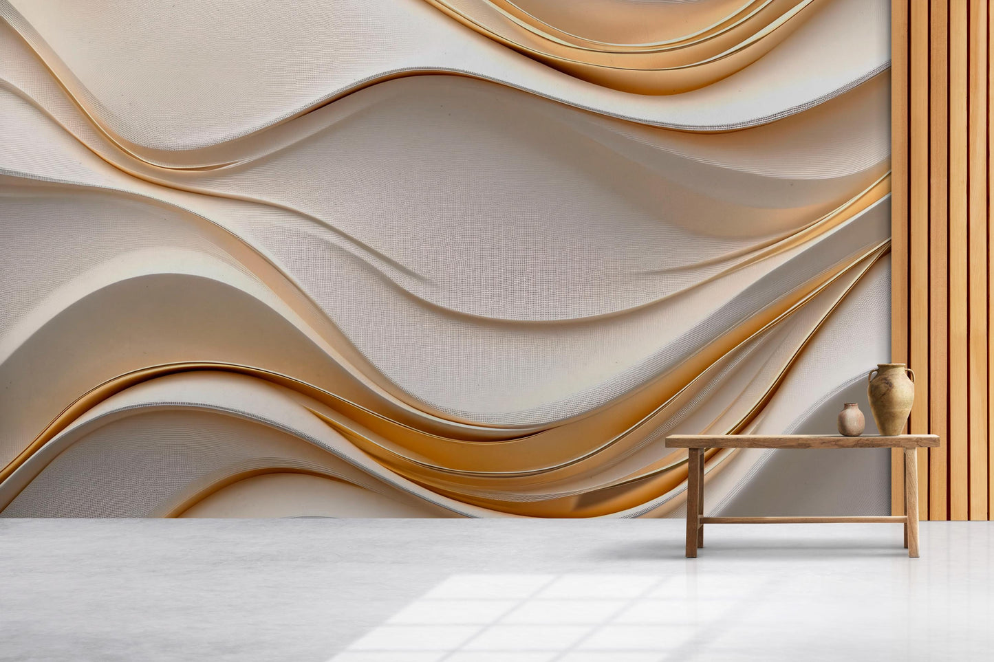 Elegant Gold Wave Wall Mural – Modern 3D Luxury Accent Wallpaper for Living Room or Bedroom Vn775