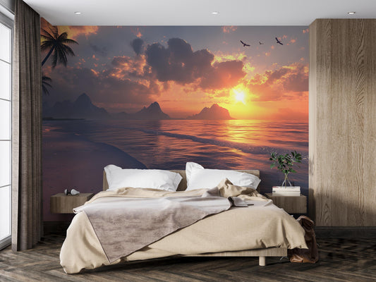 Sunset Ocean Wall Mural – Serene Coastal Bedroom Decor, Tropical Seascape Wallpaper, Ocean Sunset Mural Art Vn288
