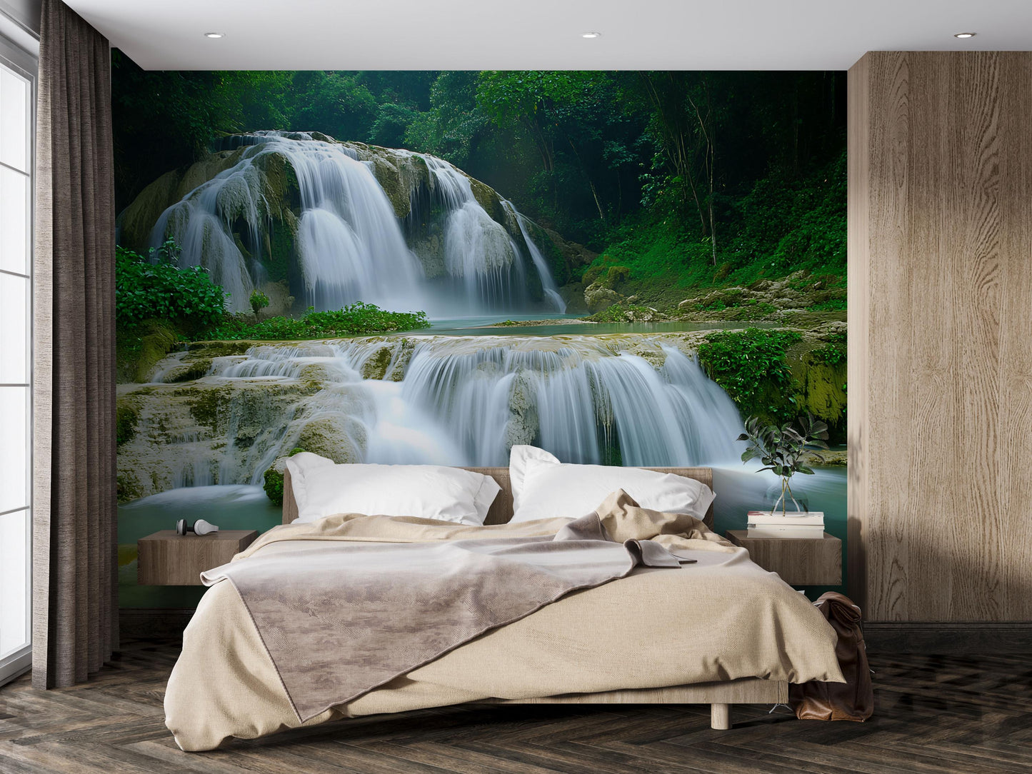 Waterfall Wall Mural for Bedroom – Tranquil Nature Scene Wallpaper – Forest Waterfall Accent Wall Décor – Scenic Photo Wall Art Vn701