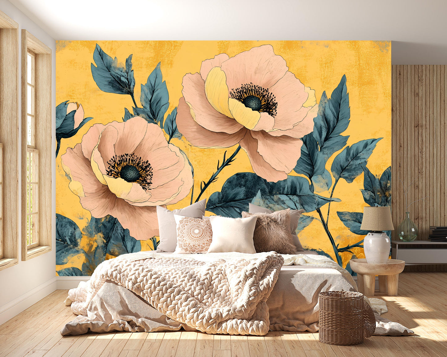 Bold Floral Wall Mural – Oversized Peony Wallpaper Yellow Vn1027