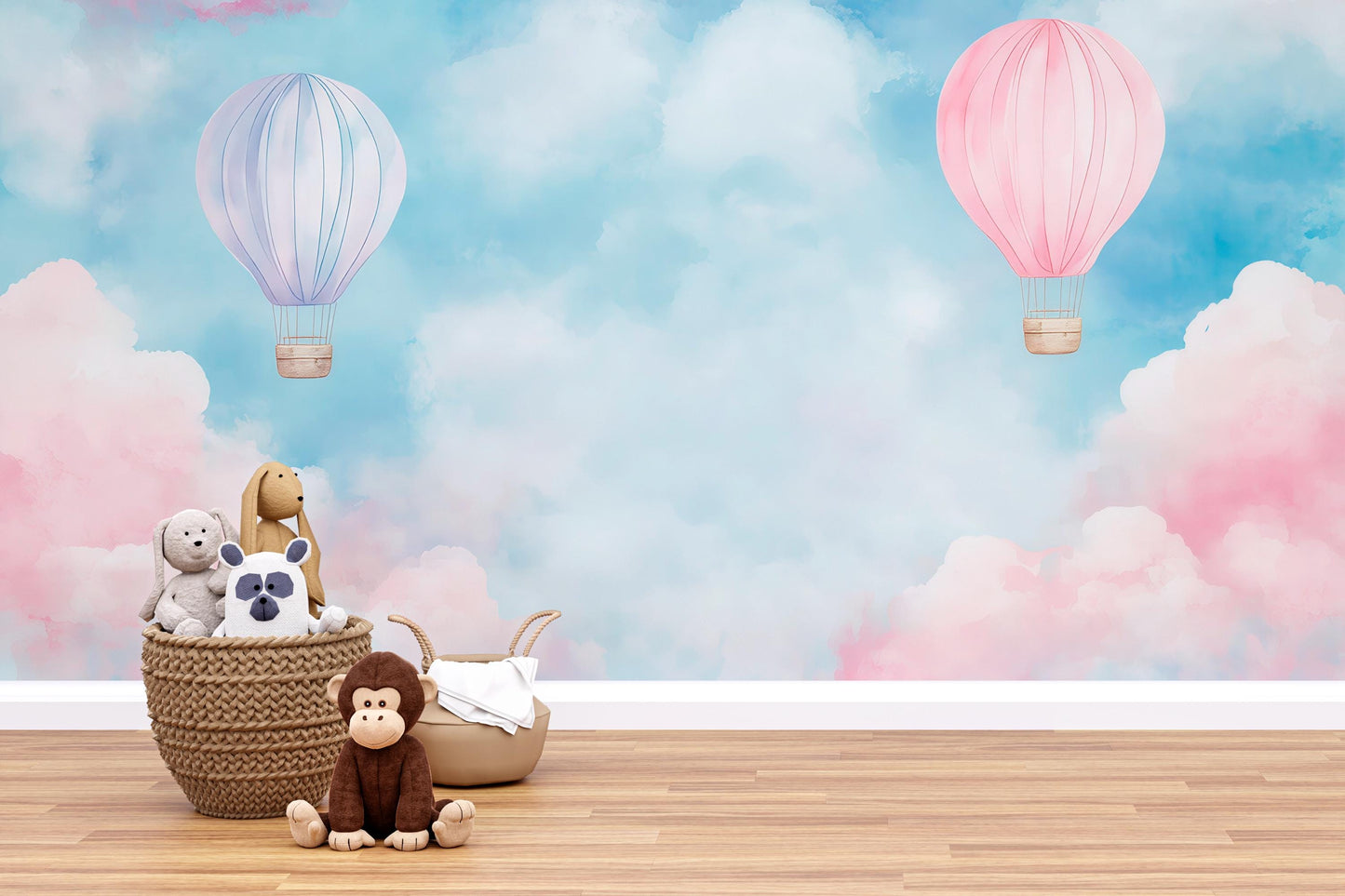 Hot Air Balloon Mural – Pink Purple Cloud Wallpaper Kids Nursery Wall Decor Vn997