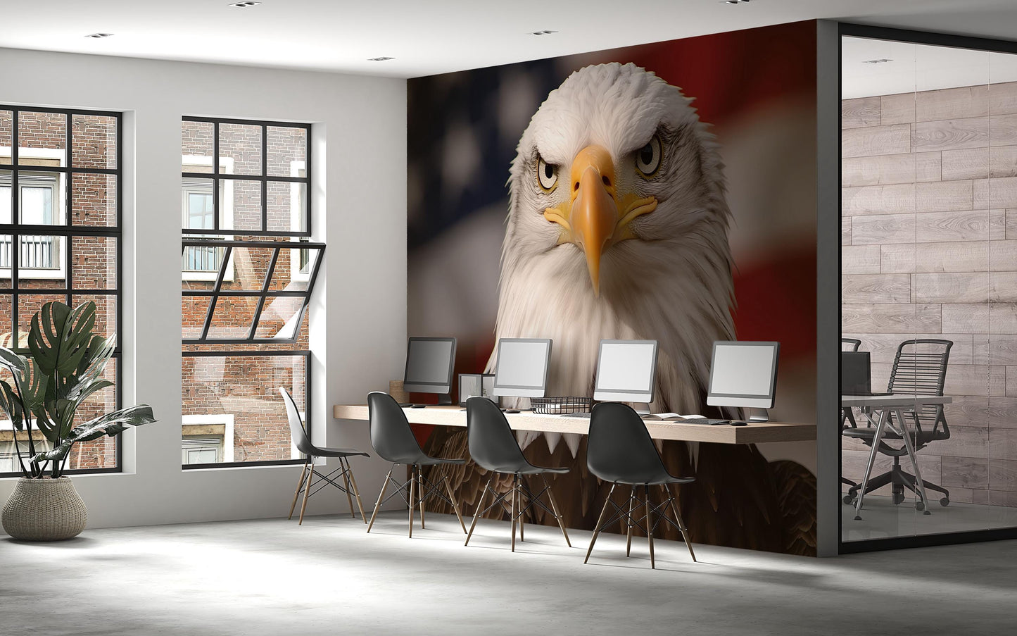 Patriotic Office Wall Mural | Bald Eagle with USA Flag | Modern Workspace Art Vn714