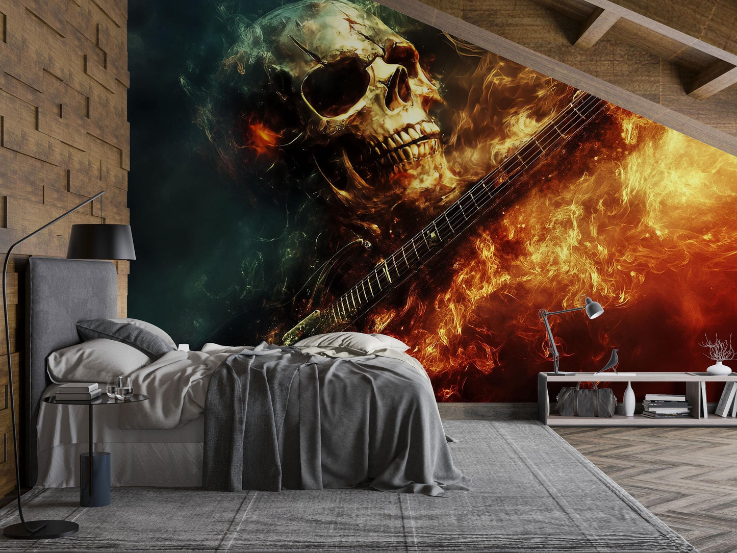 Fiery Skull Guitar Wall Mural – Rock Bedroom Decor, Flame Skull Art Wallpaper, Heavy Metal Room Aesthetic Vn717